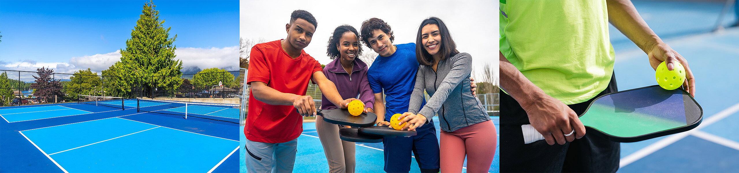 Pickleball: Feld, Freunde vor dem Spiel, Schläger und Ball