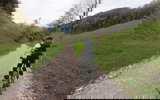 mann fährt auf forstweg berg hinab mit mtb