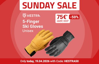 Sunday Sale: Hestra 5-Finger Ski Gloves Unisex -50%, 75€ instead of 149,95€. Only today, 19.04.2026 with code: HESTRA50